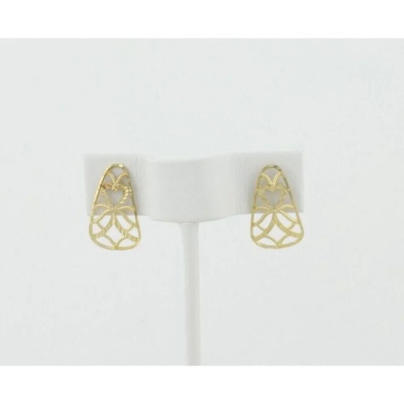 14k Yellow Gold Heart Bow Filigree Earrings Stud Post - Picture 3 of 8